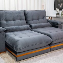 Sofá Retrátil Reclinável 2.50m Ibis Veludo Cinza 814 - D33 e Molas Ensacadas
