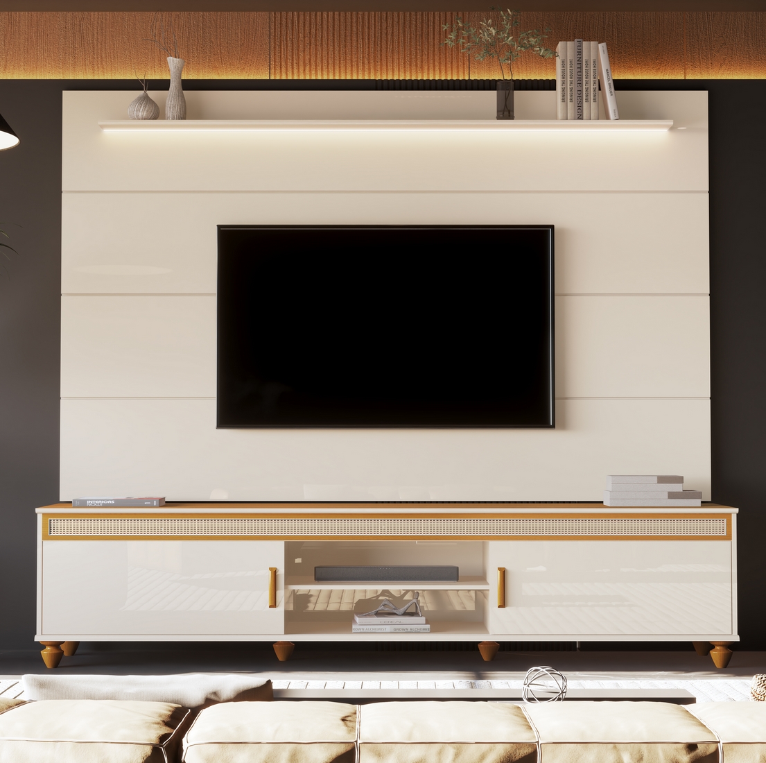 Painel até 75" Bliss + Rack Comodoro 2.18 Off White/Cedro - EDN MÓVEIS