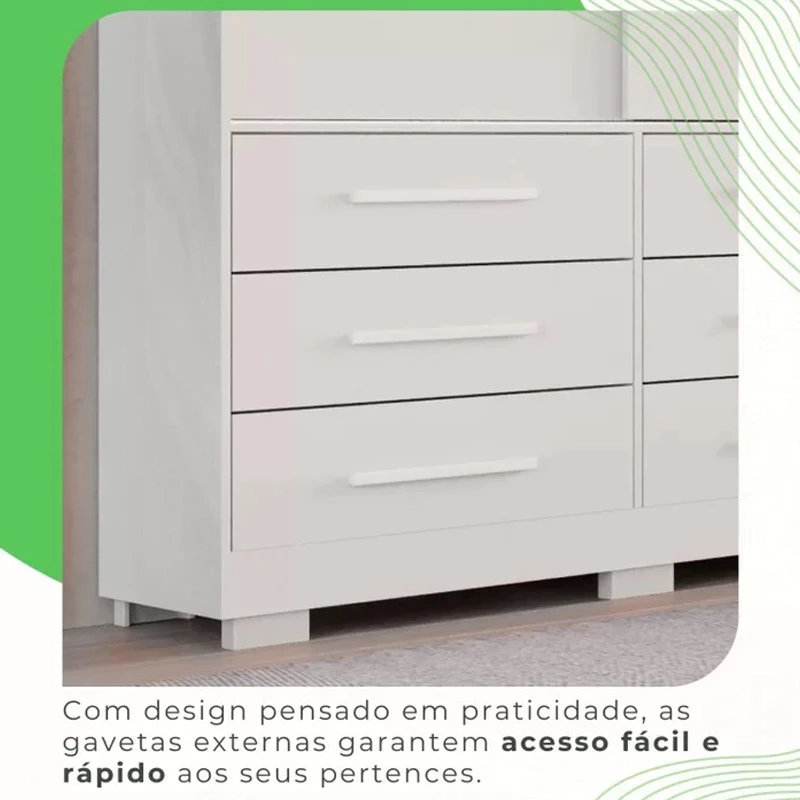 Roupeiro Athenas C/Espelho 3 Pts. 9 Gav. Branco Larg. 1.80m C/Pés Bianchi + Cama Box Casal Ortopédico D33 Rondoconfort Rondomóveis - Imagem 10