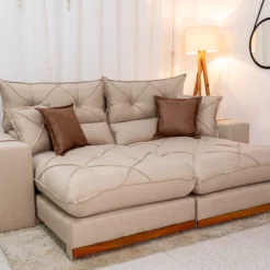 Sofá Retrátil Reclinável Gran Bello Linho Bege Larg. 2.50m - D33 e Molas Ensacadas