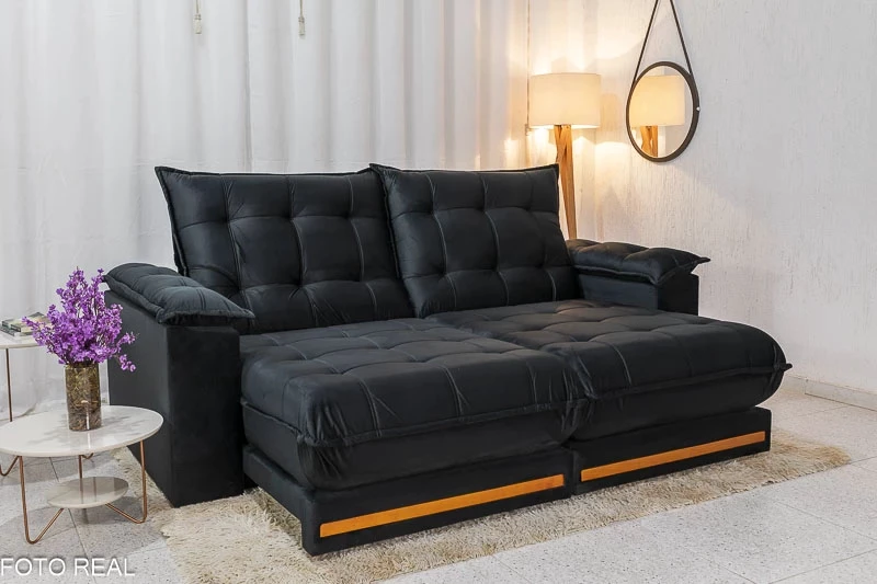 Sofá Retrátil Reclinável Barcelona 2.30m Veludo Preto 322 - D33 e Molas Ensacadas + Painel NT 1115 TV até 60 Pol. Freijó/Preto Notável - Imagem 8