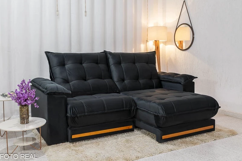 Sofá Retrátil Reclinável Barcelona 2.30m Veludo Preto 322 - D33 e Molas Ensacadas + Painel NT 1115 TV até 60 Pol. Freijó/Preto Notável - Imagem 9