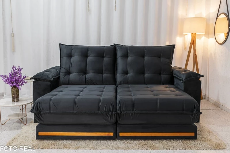 Sofá Retrátil Reclinável Barcelona 2.30m Veludo Preto 322 - D33 e Molas Ensacadas + Painel NT 1115 TV até 60 Pol. Freijó/Preto Notável - Imagem 10