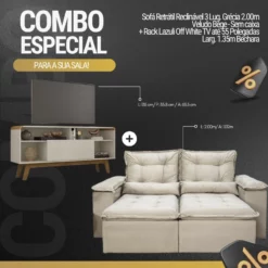 Sofá Retrátil Reclinável Grécia 2.00m Veludo Bege - Sem caixa + Rack Lazuli Off White TV até 55 Pol. Larg. 1.35m Bechara