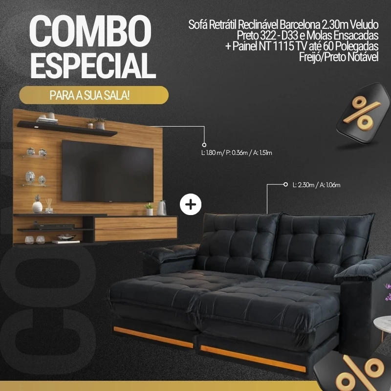 Sofá Retrátil Reclinável Barcelona 2.30m Veludo Preto 322 - D33 e Molas Ensacadas + Painel NT 1115 TV até 60 Pol. Freijó/Preto Notável