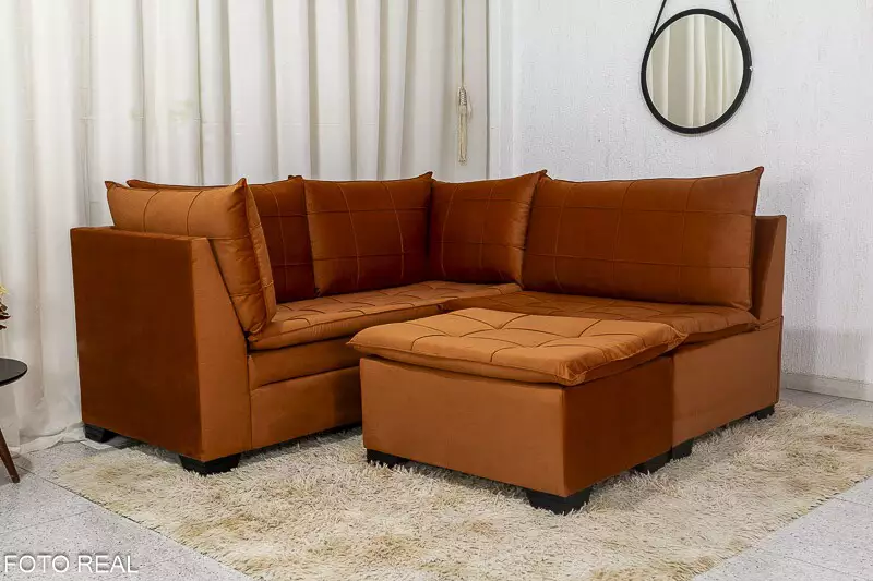 Sofá Canto 5 lugares com Puff Viena Veludo Terracota A62