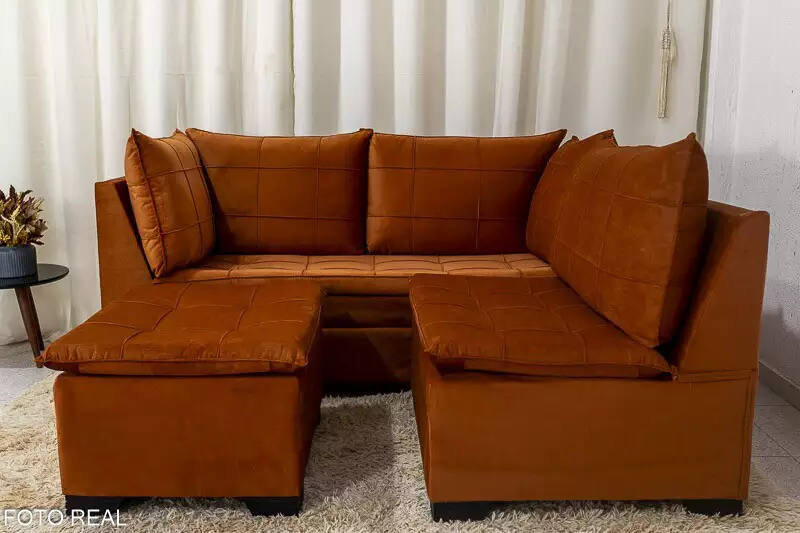 Sofá Canto 5 lugares com Puff Viena Veludo Terracota A62 - Imagem 3