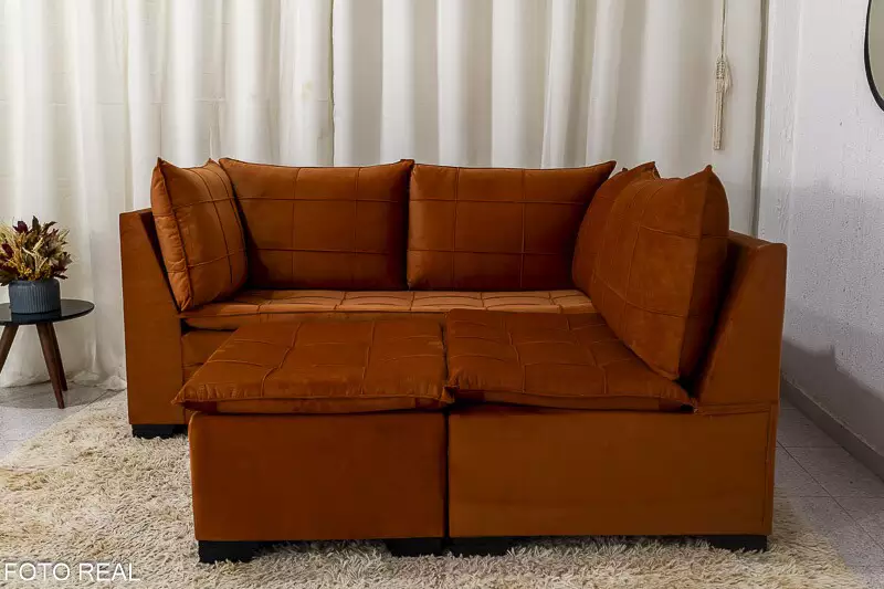 Sofá Canto 5 lugares com Puff Viena Veludo Terracota A62 - Imagem 6