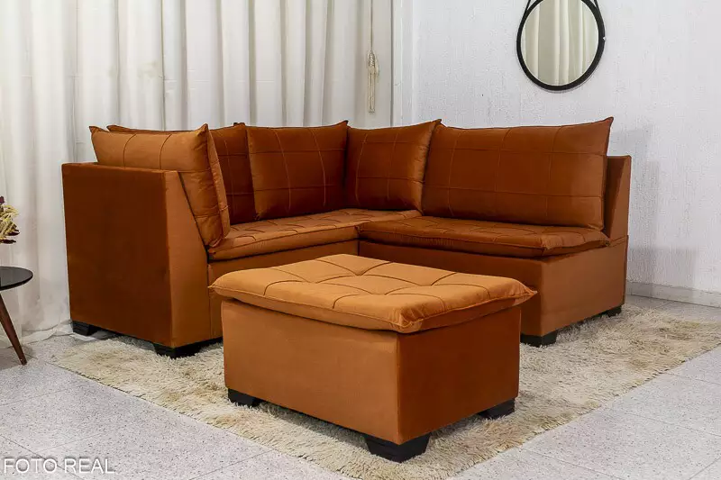 Sofá Canto 5 lugares com Puff Viena Veludo Terracota A62 - Imagem 7