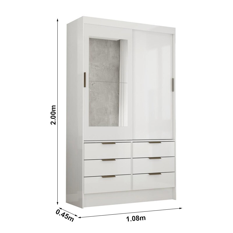 Roupeiro Solteiro Sevilha Branco 2 Portas C/ 1 Espelho 6 Gavetas Larg. 1.08m - Carioca - Imagem 3
