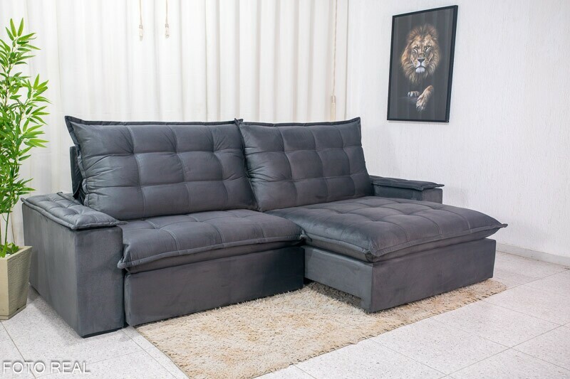 Sofá Retrátil Reclinável Atenas 2.90m Veludo Cinza 814 D33 e Molas Ensacadas - Imagem 8