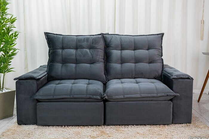Sofá Retrátil Reclinável Atenas Veludo Cinza 814 Larg. 2.10m - D33 e Molas Ensacadas - Imagem 2