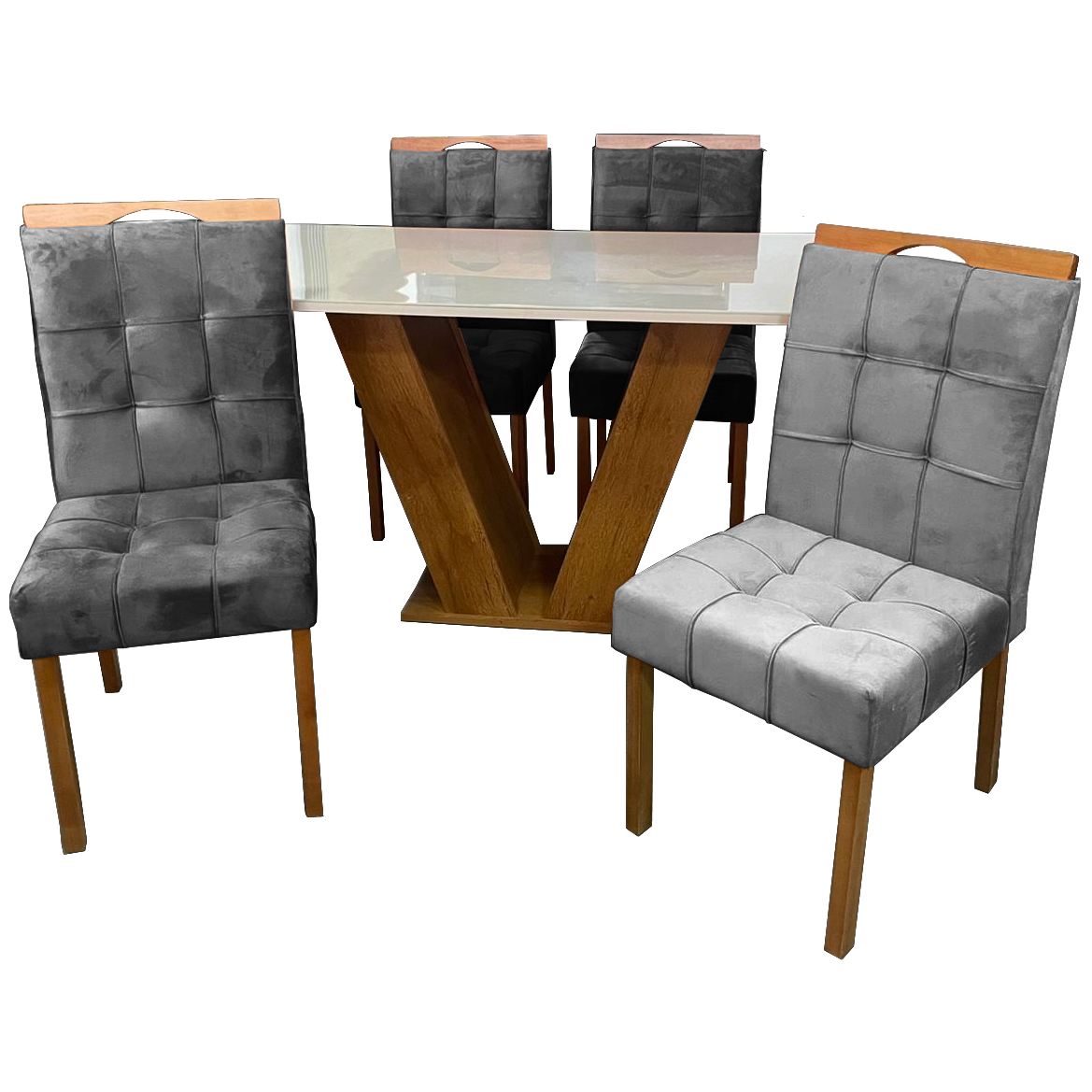 Mesa Classic 120 Cinamomo/Off White com 4 Cadeiras Sophia Mel/Veludo Cinza Grafite – CEL MÓVEIS + WM DECOR - Imagem 3
