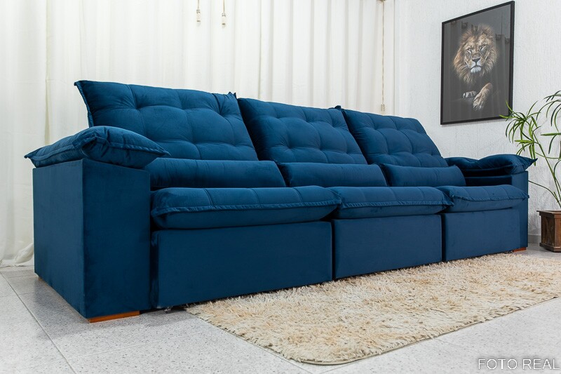 Sofá Retrátil Reclinável 3.20m Emanuelly Veludo Azul 03 - D28 Soft - Imagem 6
