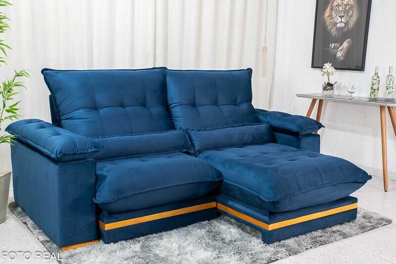 Sofá Retrátil Reclinável 2.50m Ibis Veludo Azul 800 - D33 e Molas Ensacadas - Imagem 3