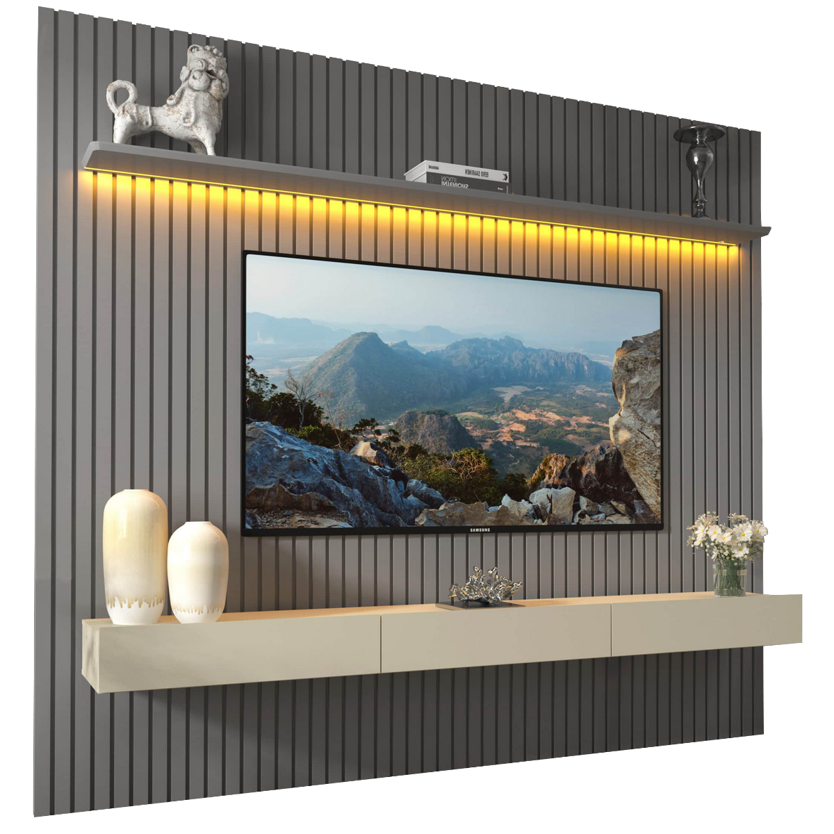 Home até 85" Nobre Ripado 230(Com Nicho) Cinza/Off White - GELIUS - Imagem 2
