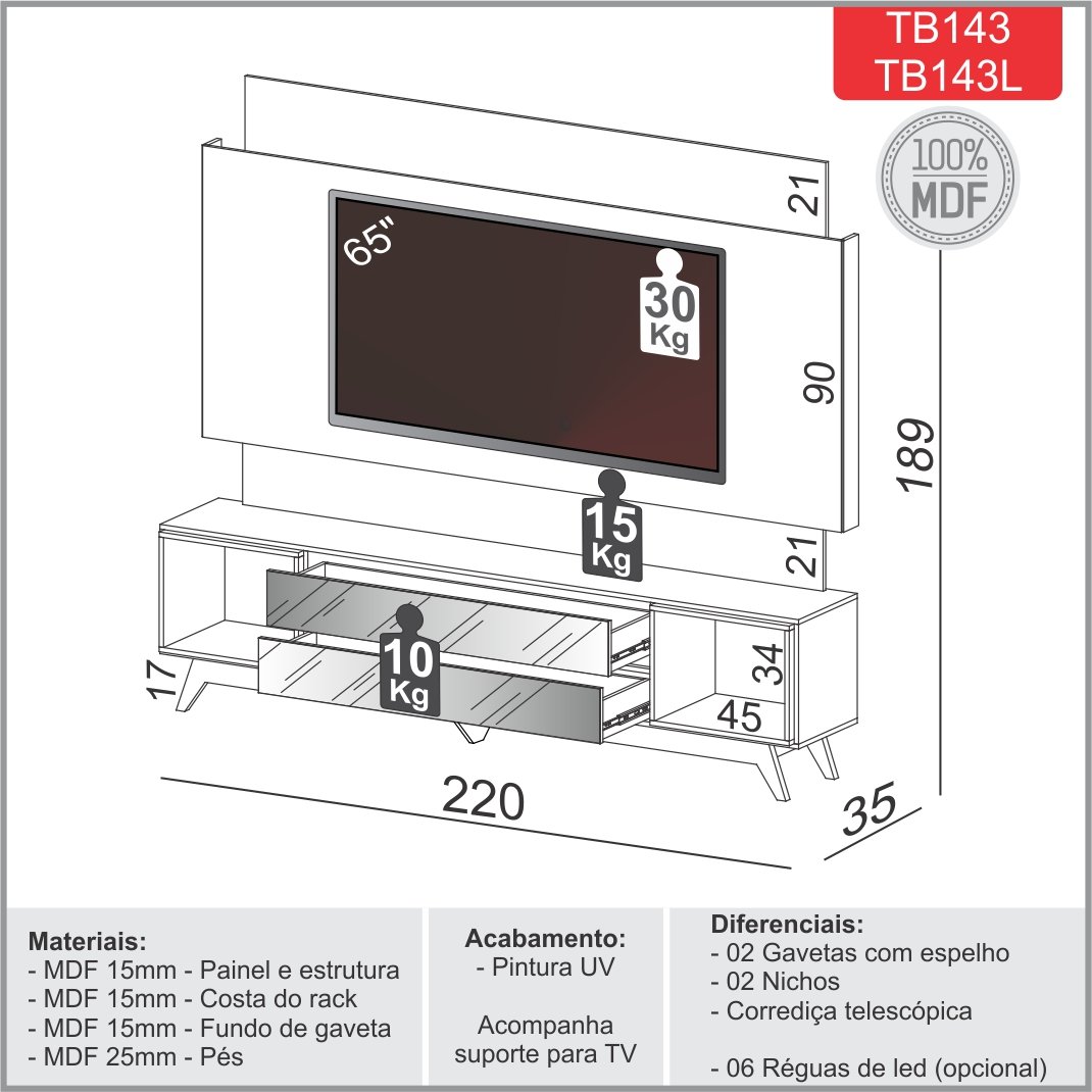 Home até 65" Anita TB143L Off White/Freijó – DALLA COSTA - Imagem 8