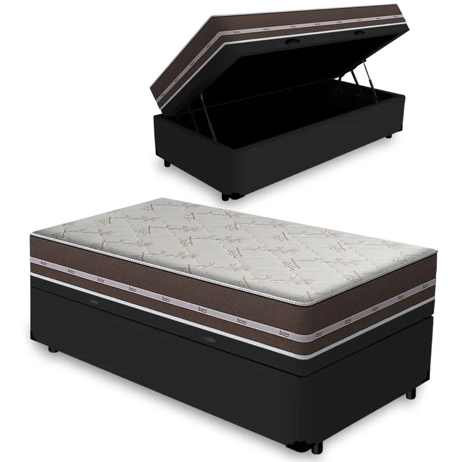 Colchão Solteiro Classic Superlastic D26 + Base Box Baú Corino Preto – ANJOS + ALTO NÍVEL CAMAS E COLCHÕES