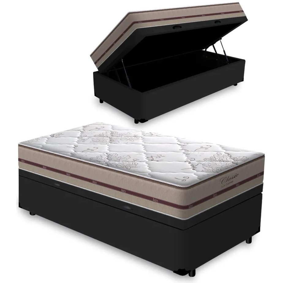 Colchão Solteiro Classic Ensacadas AG D70 + Base Box Baú Corino Preto – ANJOS + ALTO NÍVEL CAMAS E COLCHÕES