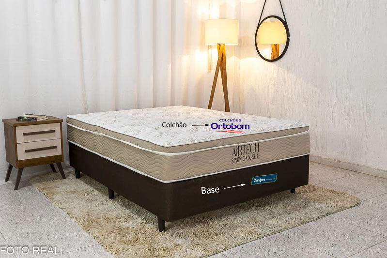 Box Casal Classic Sued Marrom + Colchão Casal Airtech Springpocket 138x188x25 Ortobom
