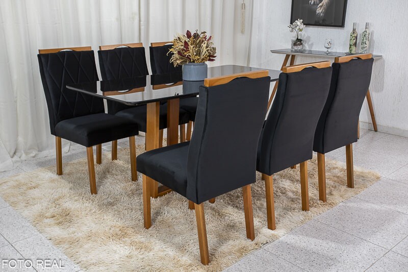 Mesa de Jantar Pedro Mel Vidro Preto 160×80 6 Cadeiras Lisboa Veludo Preto 504 Madeira Maciça Art Assento - Entregue Montada - Imagem 2