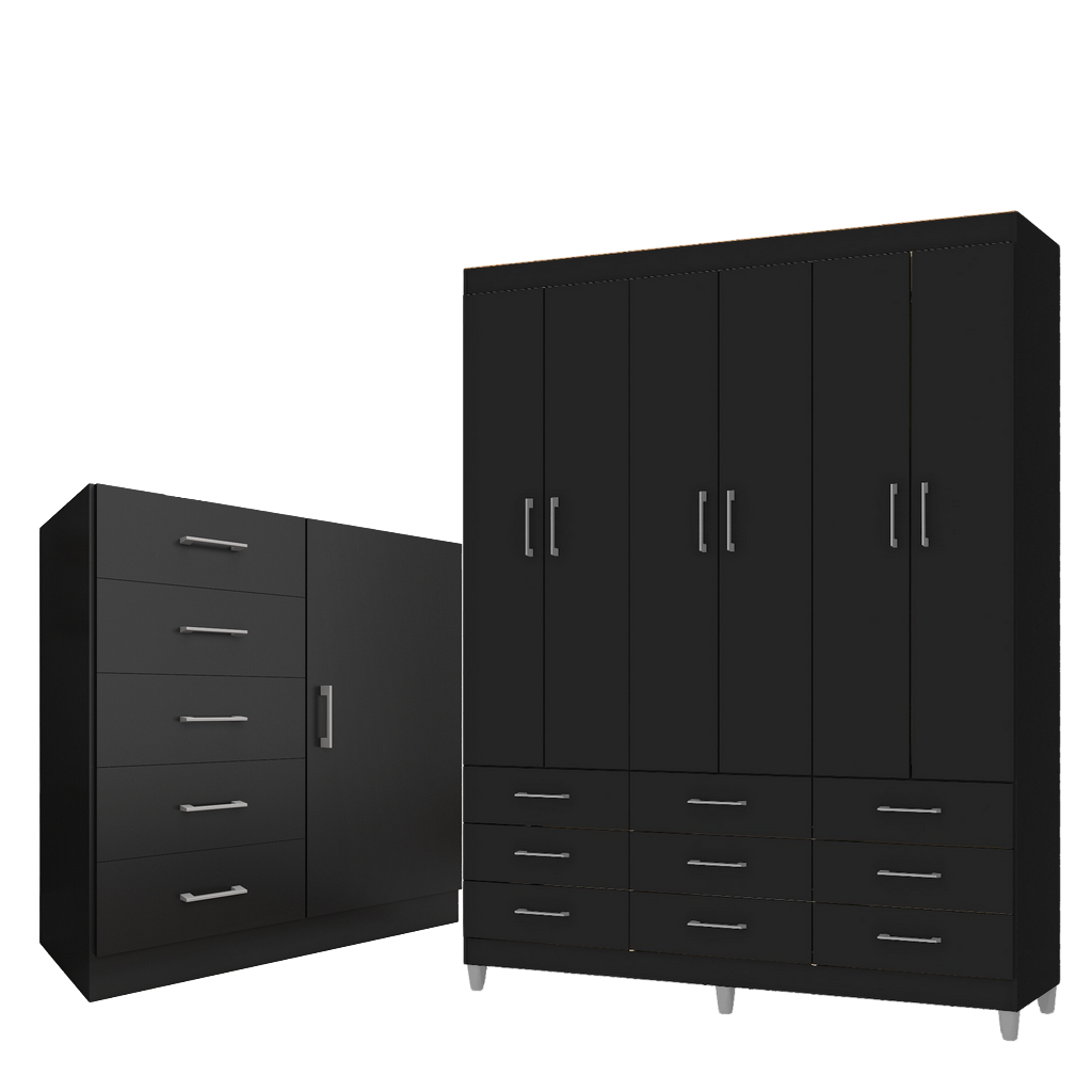 Guarda-Roupa 6 Portas Paraty 3690 + Cômoda 5 Gavetas Sapateira Miami Preto - FELLICCI - Imagem 2