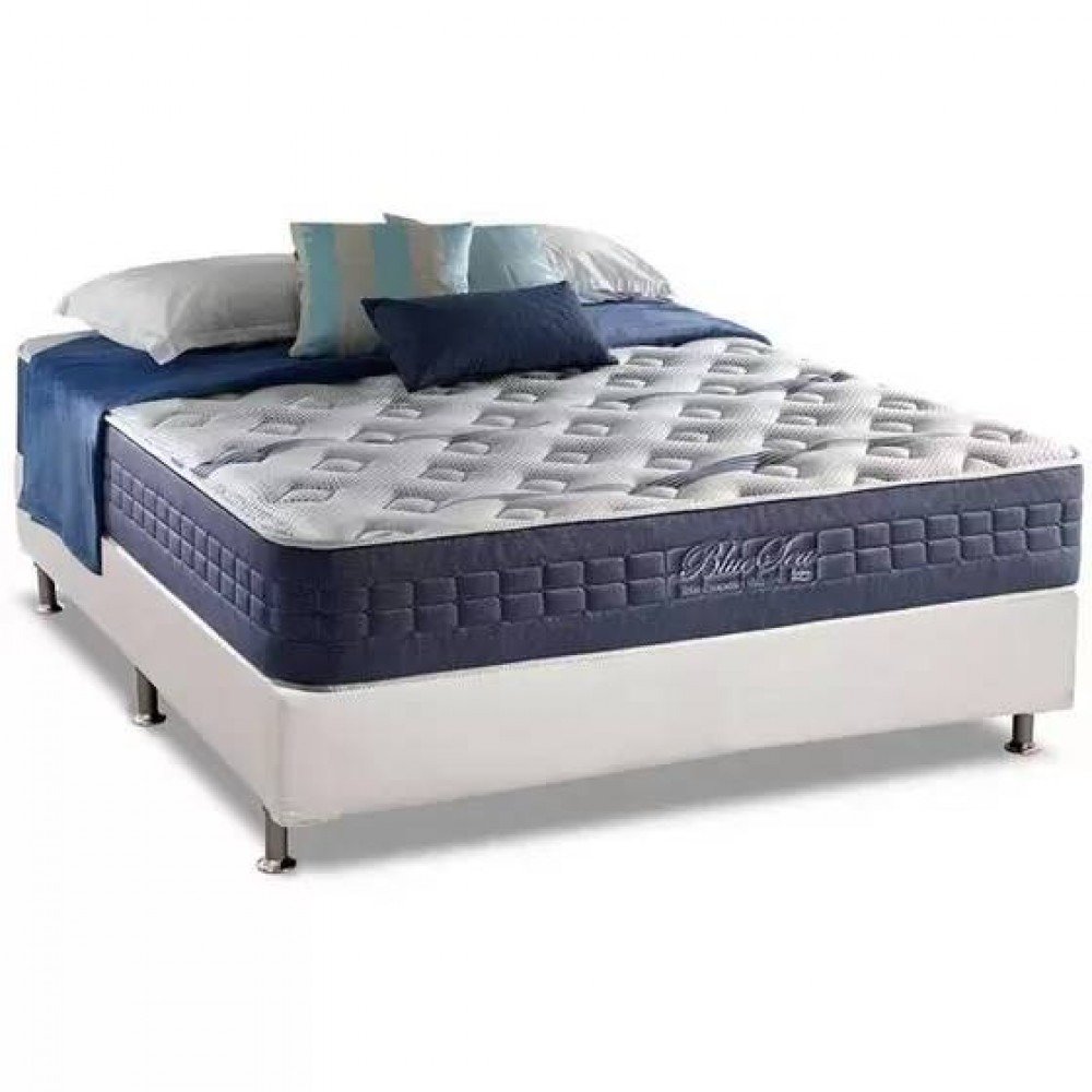 Colchão Casal Blue Sea D28 + Base Box Simples Corino Branco – ANJOS COLCHÕES + ALTO NÍVEL CAMAS E COLCHÕES