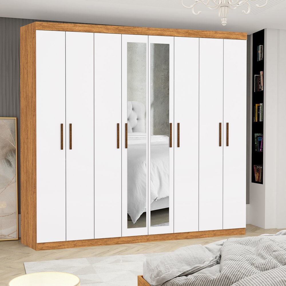 Guarda-Roupa 8 Portas Rubi 2,08 m(Com Espelho)Cinamono/Branco - CARIOCA MÓVEIS