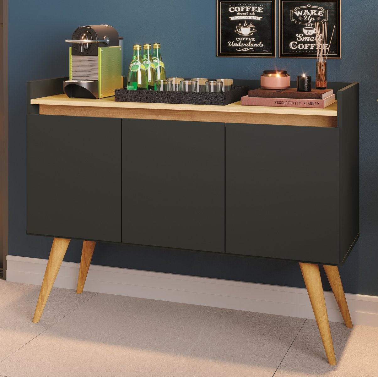 Buffet 3 Portas Gold Preto/Mel - MÓVEIS PRIMUS