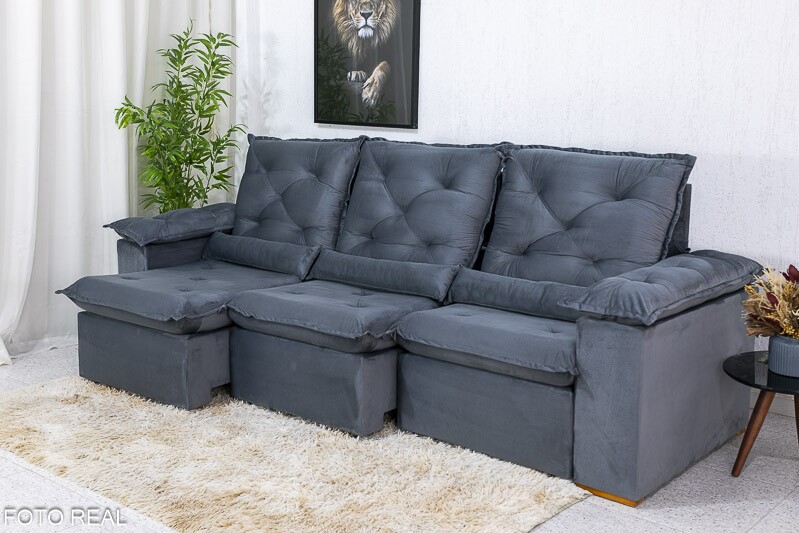 Sofá Retrátil Reclinável 2.70m Roma Veludo Cinza 20 - D28 Soft - Imagem 2