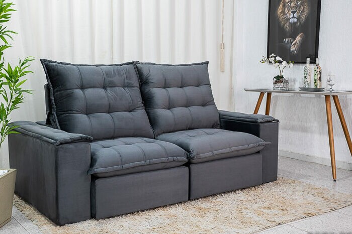 Sofá Retrátil Reclinável Atenas Veludo Cinza 814 Larg. 2.10m - D33 e Molas Ensacadas - Imagem 4