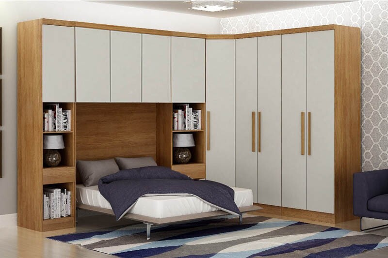 Modulado 1 Roupeiro Moderni 4 Pts + 2 Criado Rizon + 1 Canto Oblíquo Rizon + 1 Aéreo 3 portas Rizon Cumaru/Fendi Novo Horizonte
