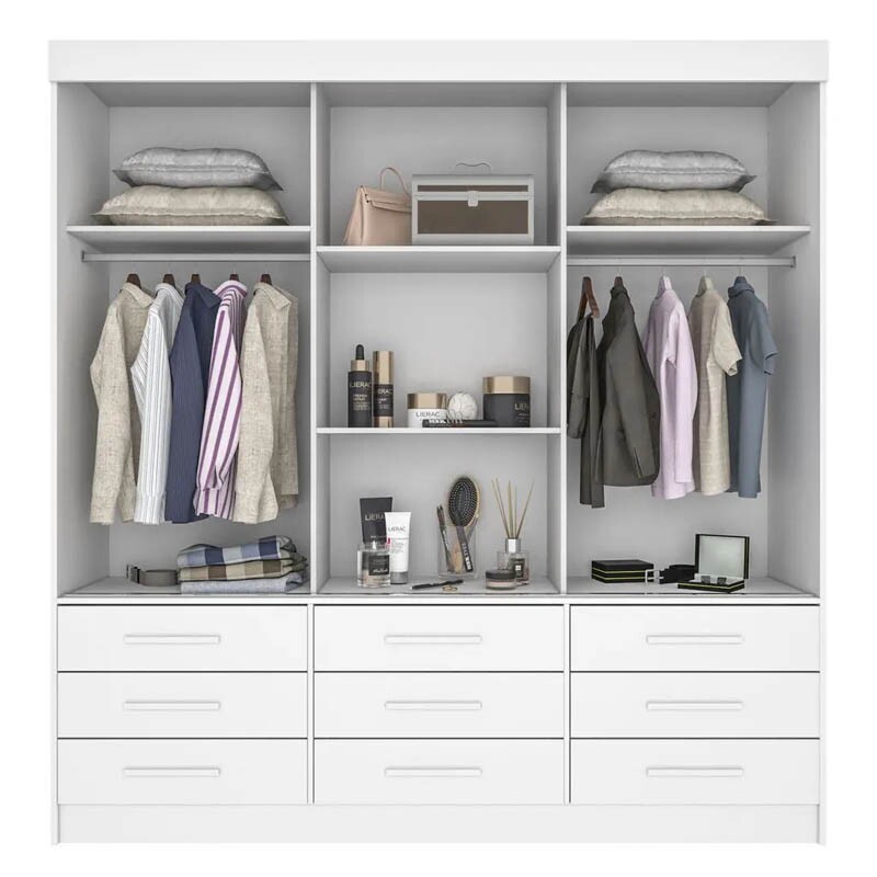 Guarda-Roupa Casal New Star 3 Portas 9 Gavetas Branco c/Espelho Larg. 1.80m Sallêto - Imagem 2