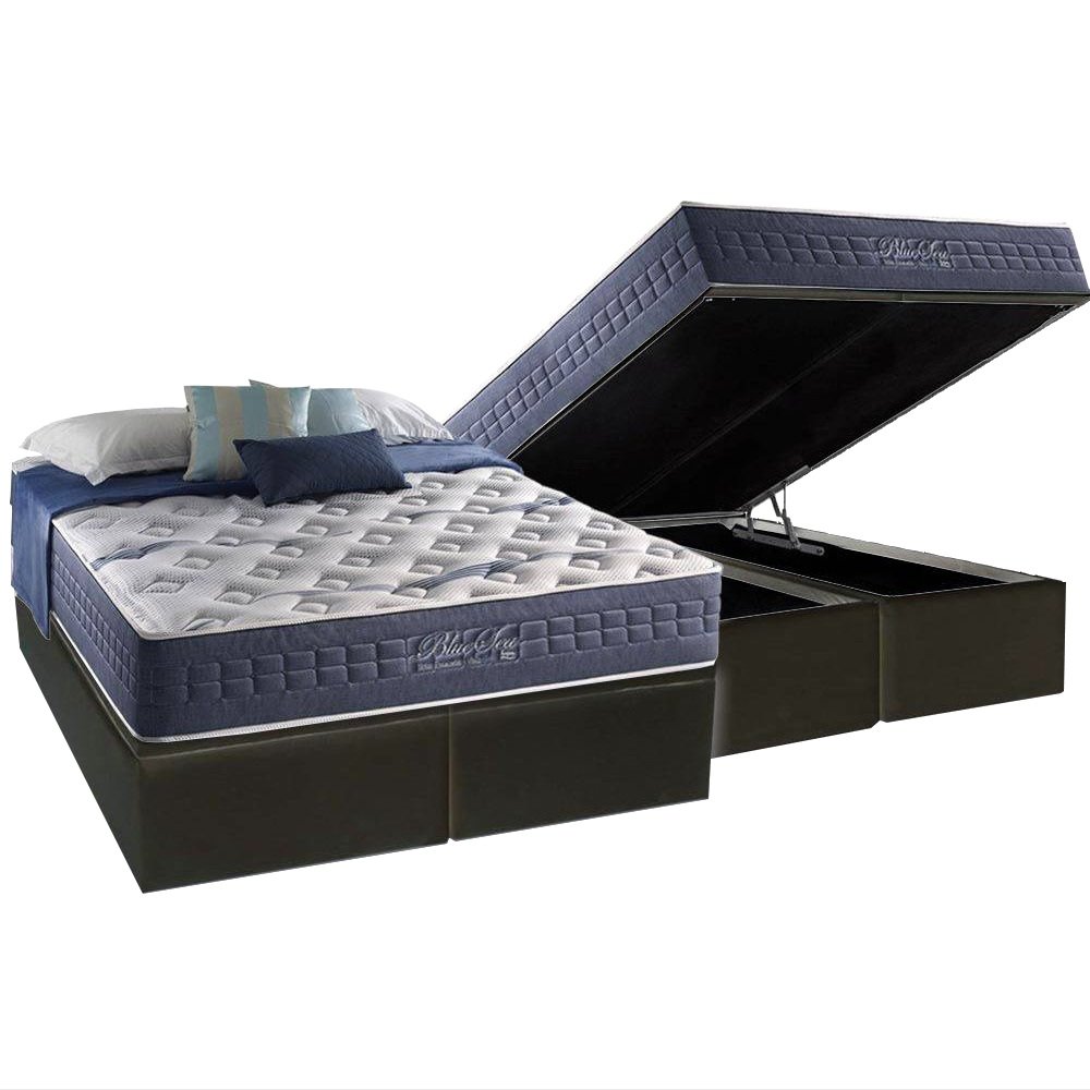 Colchão Queen Blue Sea D28 + Base Box Baú Corino Preto – ANJOS COLCHÕES + ALTO NÍVEL CAMAS E COLCHÕES