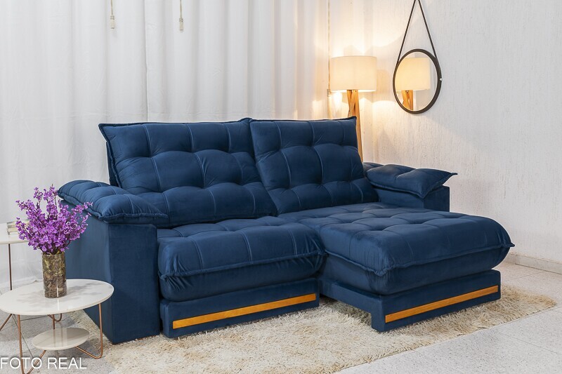 Sofá Retrátil Reclinável Barcelona Veludo Azul 325 Larg. 2.30m - D33 e Molas Ensacadas - Imagem 2