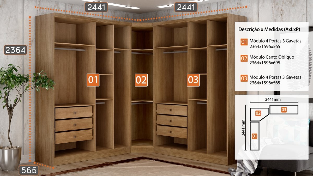 Guarda-Roupa Modulado Rizon 001(Dois Módulos 4 Portas + Um Módulo Canto Oblíquo) Cumaru/Fendi - NOVO HORIZONTE - Imagem 3