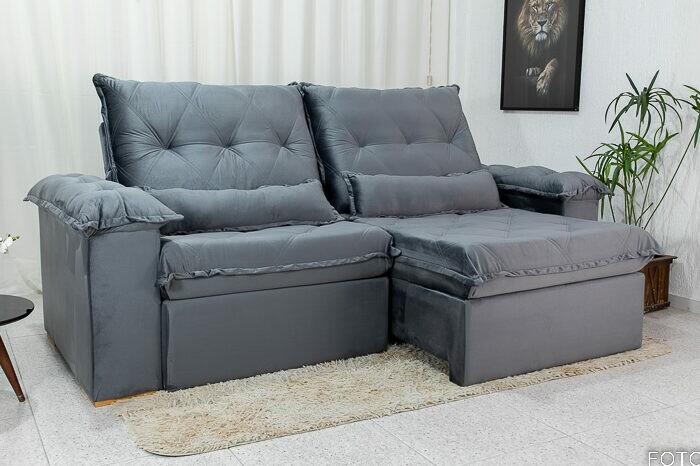 Sofá Retrátil Reclinável Califórnia 2.50m Veludo 526 Cinza - D28 Hiper soft - Imagem 8