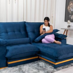 Sofá Retrátil Reclinável 2.50m Ibis Veludo Azul 800 - D33 e Molas Ensacadas