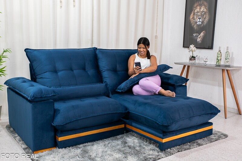 Sofá Retrátil Reclinável 2.50m Ibis Veludo Azul 800 - D33 e Molas Ensacadas