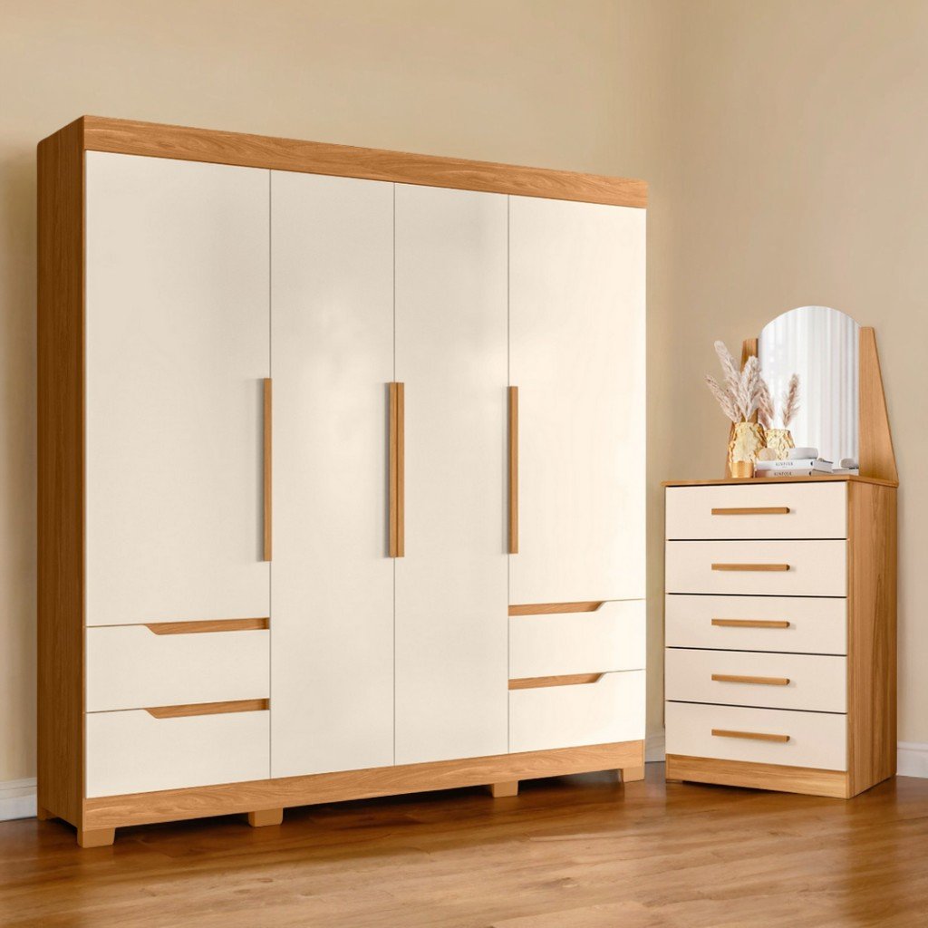 Guarda-Roupa 4 Portas Vivacce + Cômoda Veneza Cinamono/Off White – MÓVEIS ALBATROZ