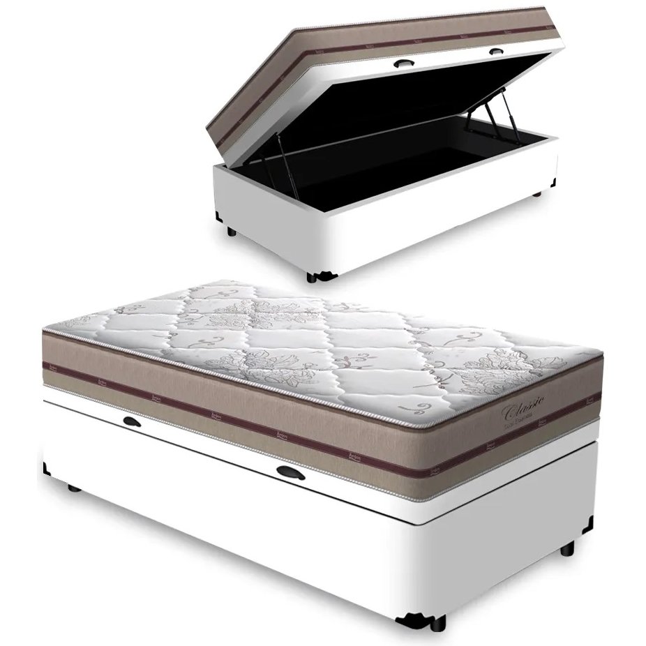Colchão Solteiro Classic Ensacadas AG D70 + Base Box Baú Corino Branco – ANJOS + ALTO NÍVEL CAMAS E COLCHÕES