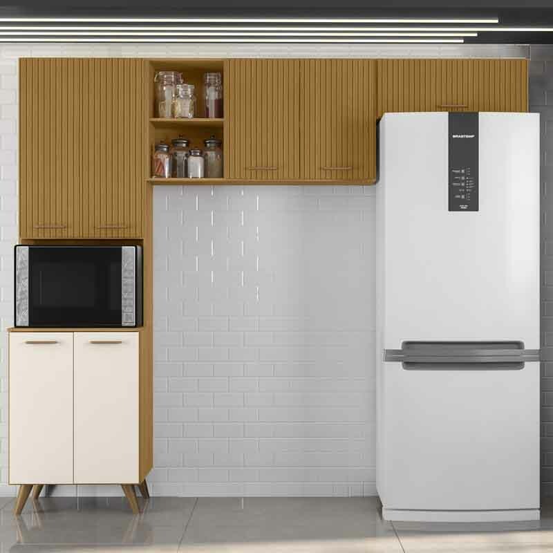 Armário Cozinha Olinda Ripado 3D 3 Peças Paneleiro + Aéreo 1.05m + Aéreo de Geladeira Freijó/Off Poliman