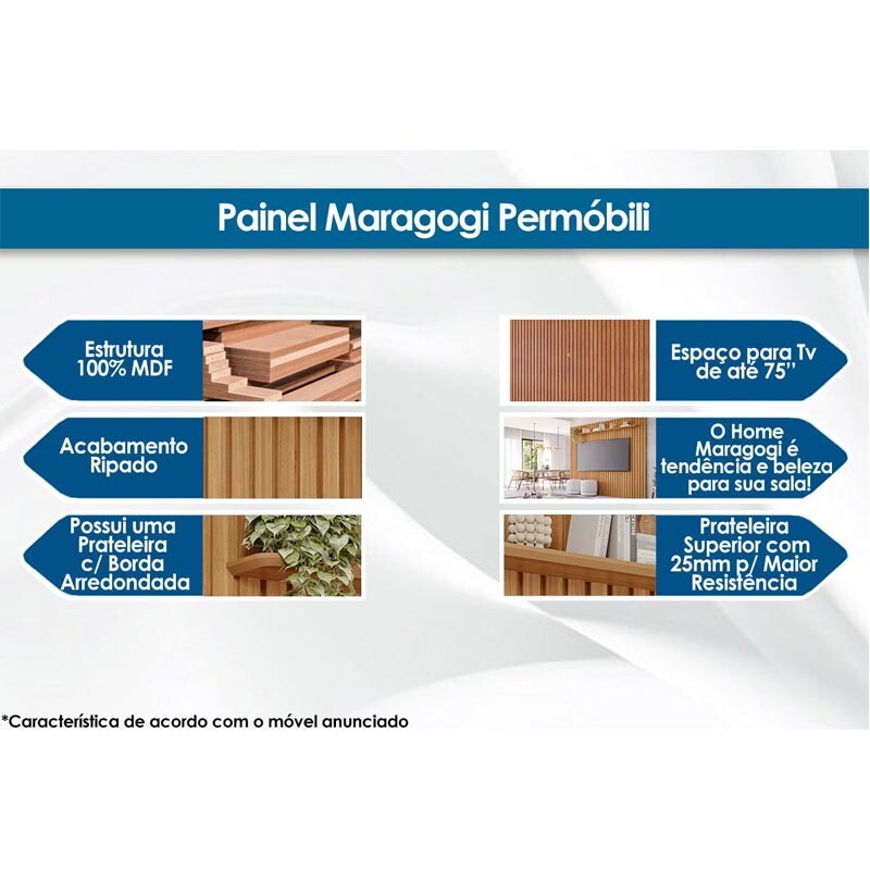 Painel Maragogi Ripado 100% MDF TV até 80 Polegadas Larg. 2.30m Cinamomo Permóbili - Imagem 4