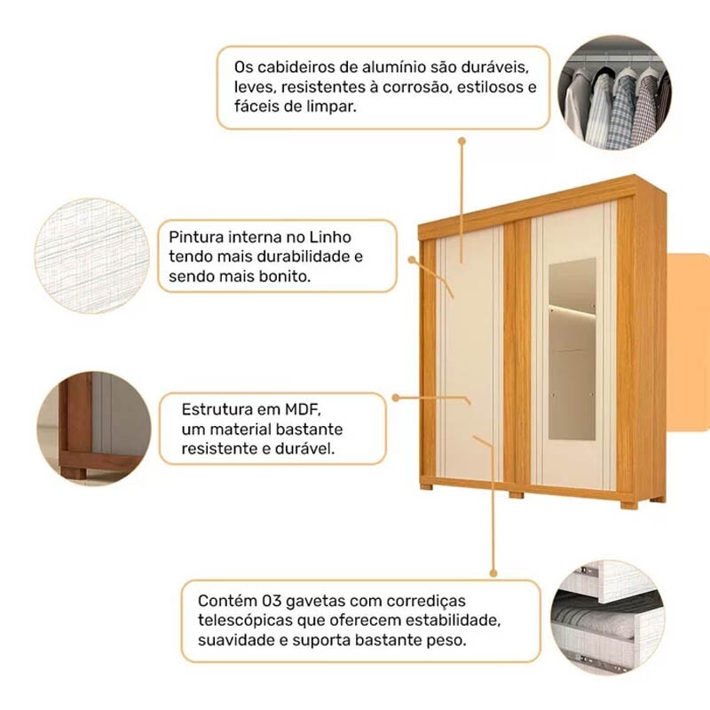 Guarda-Roupa Casal Heloisa c/Espelho 2 Portas 3 Gavetas MDF Larg. 1.80m Nature/Off Com Pés ACP - Imagem 3
