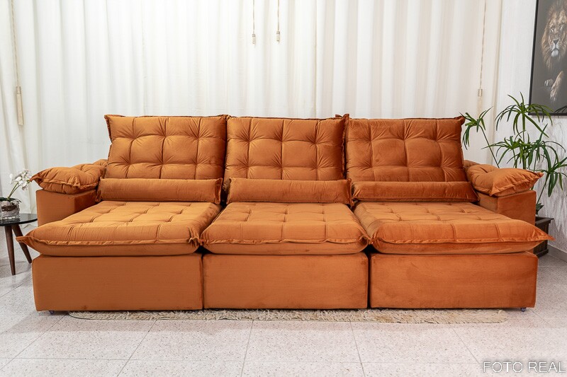 Sofá Retrátil Reclinável 3.20m Emanuelly Veludo Bege 24 - D28 Soft - Imagem 4