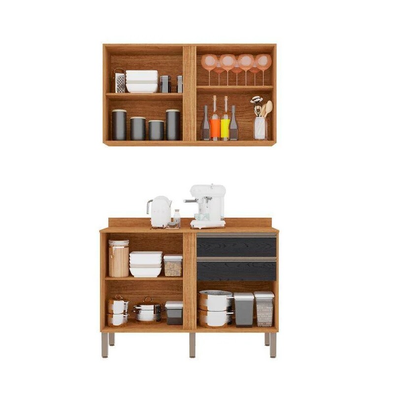 Aéreo 2 Porta + Balcão Cozinha Pérola Larg. 1.20m Cinamomo/Preto Sallêto - Imagem 2