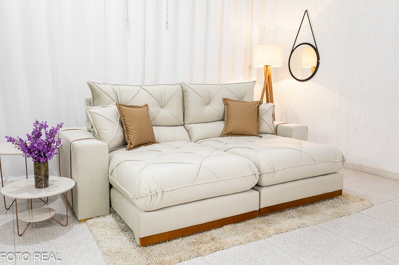 Sofá Retrátil Reclinável 2.30m Gran Bello Veludo Bege - D33 e Molas Ensacadas