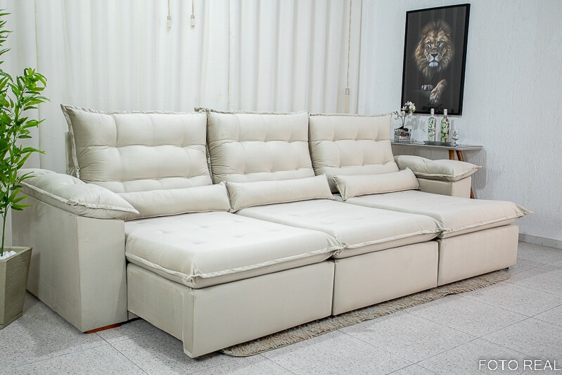Sofá Retrátil Reclinável Emanuelly Veludo Bege 01 Larg. 3.20m - D28 Soft - Imagem 9