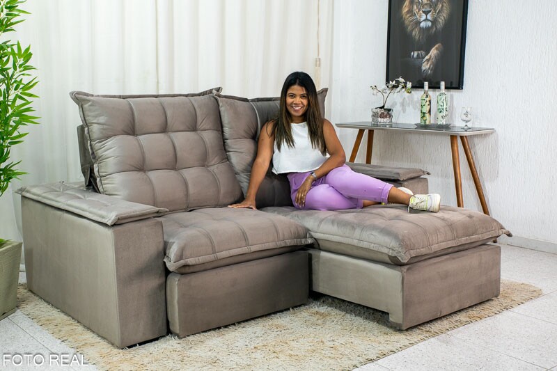 Sofá Retrátil Reclinável Atenas 2.10m Veludo Cinza 813 D33 e Molas Ensacadas - Imagem 9