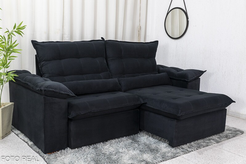 Sofá Retrátil Reclinável Emanuelly Veludo Preto 21 Larg. 2.30m - D28 Soft